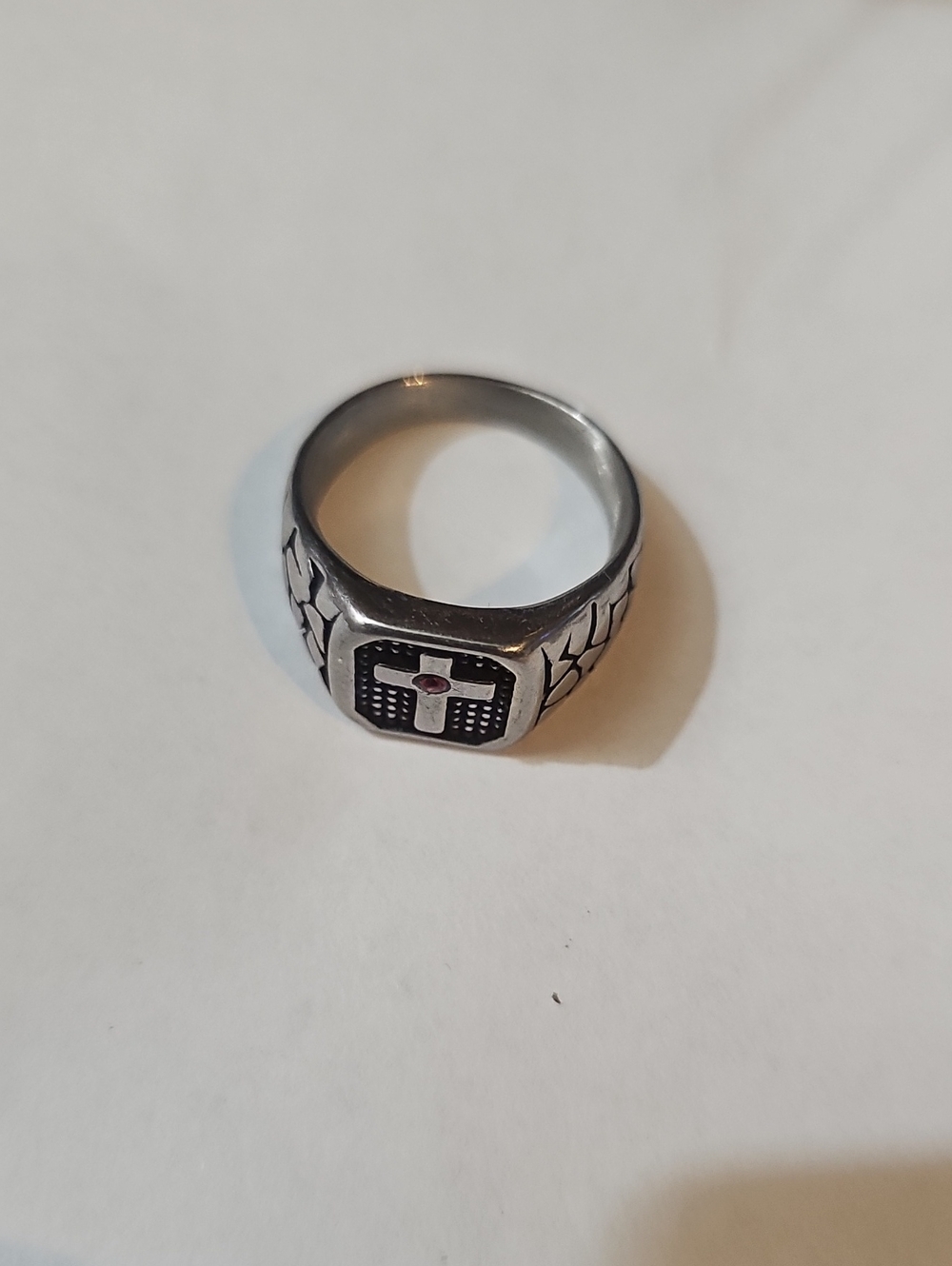 Men's Silver-Tone Cross Signet Ring - Black Inlay